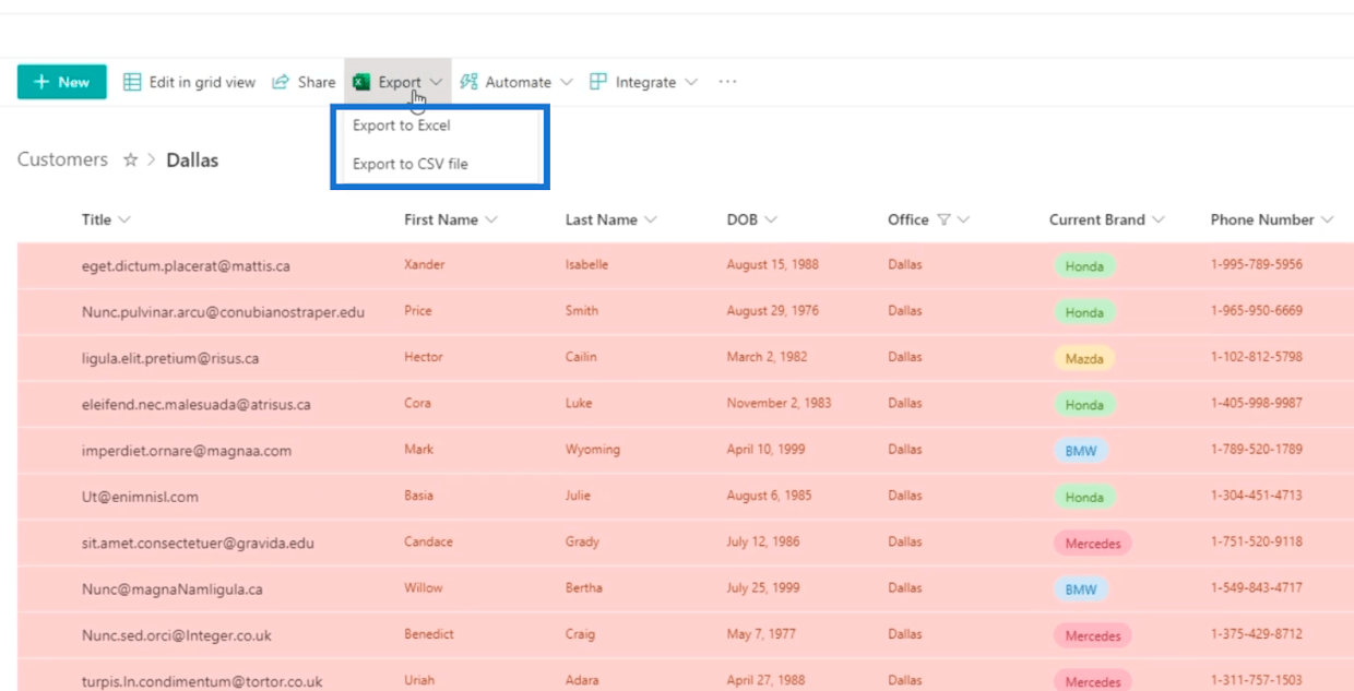 Exportați liste SharePoint în fișierul Excel sau CSV