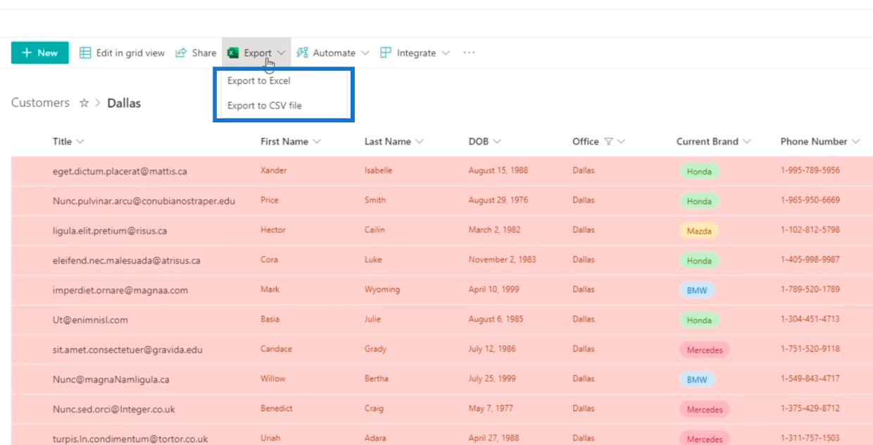 Exportar listas do SharePoint para Excel ou arquivo CSV