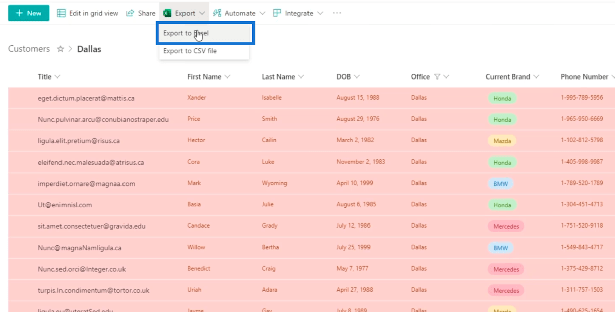 Excel 또는 CSV 파일로 SharePoint 목록 내보내기