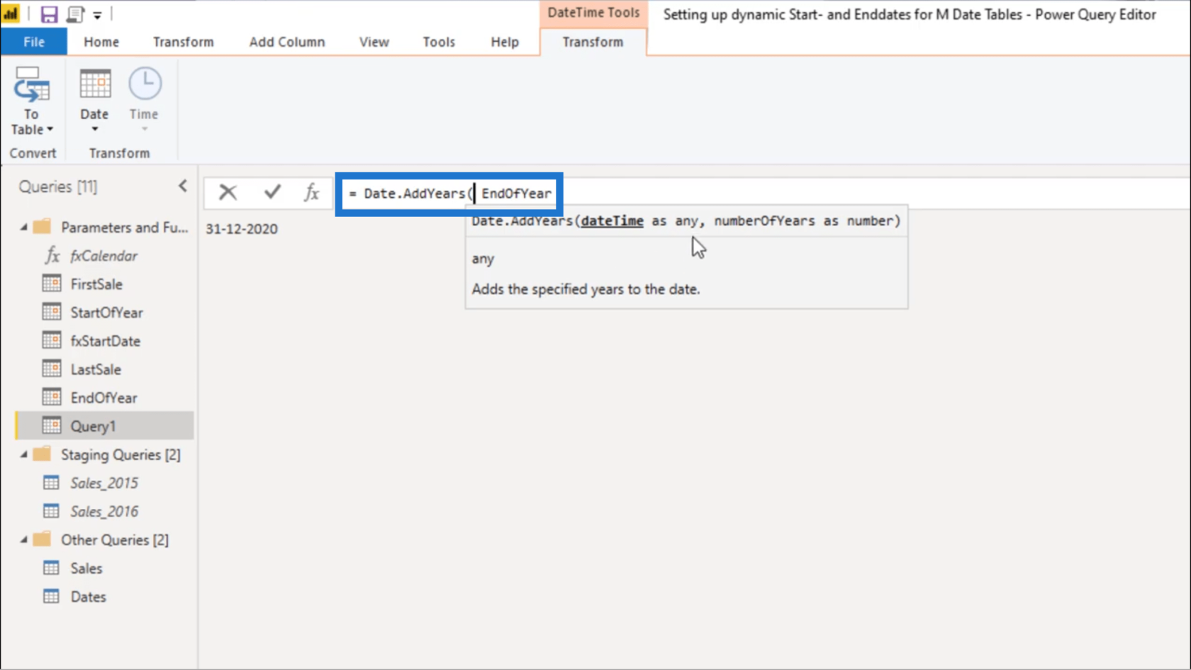 Configuration d'une date de début et d'une date de fin dynamiques pour les tables de dates Power Query