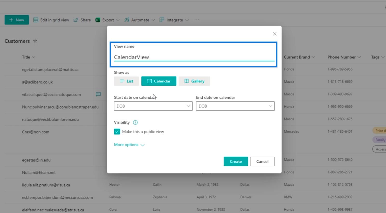 La vue du calendrier de la liste SharePoint