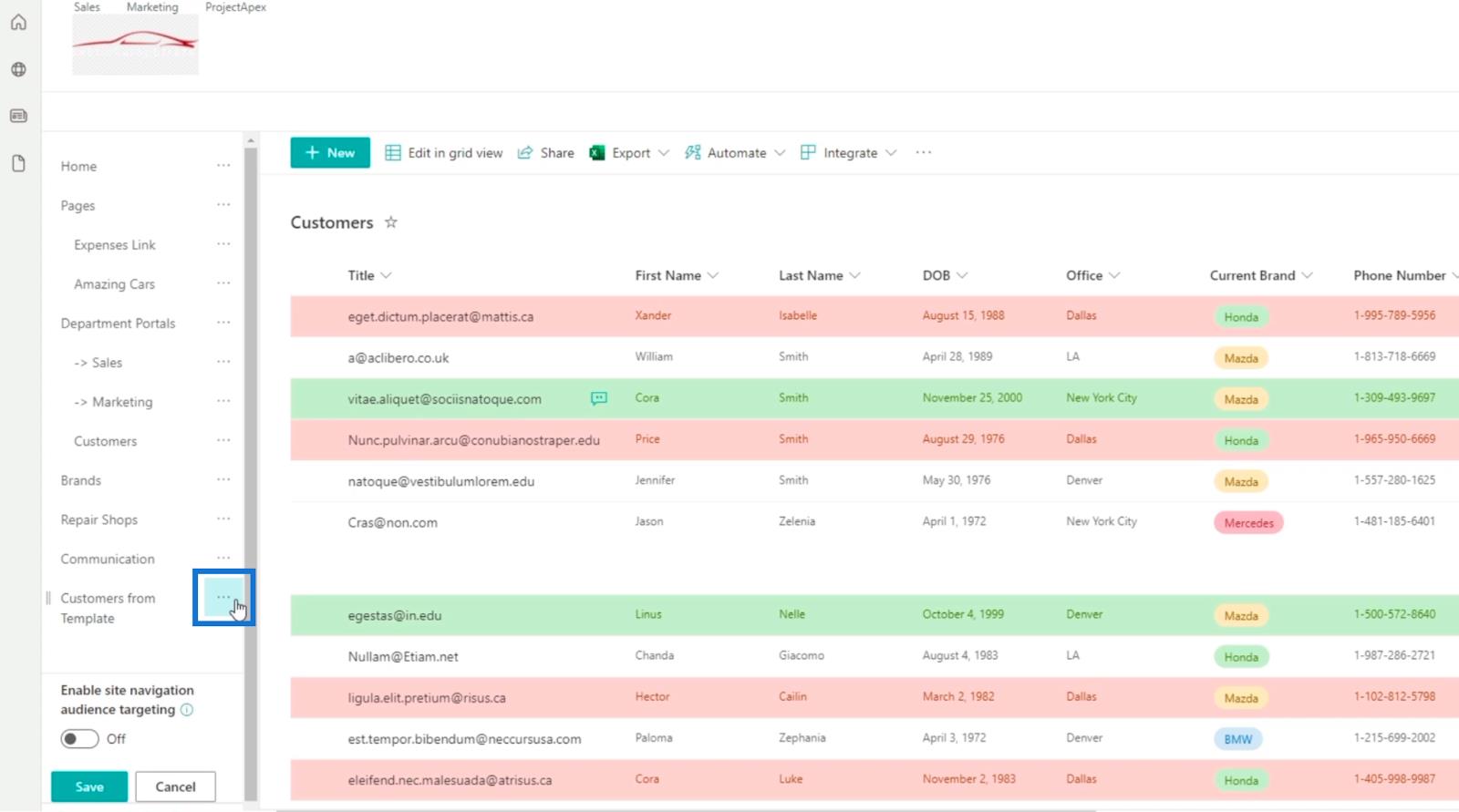 Ajout de la navigation de liste SharePoint