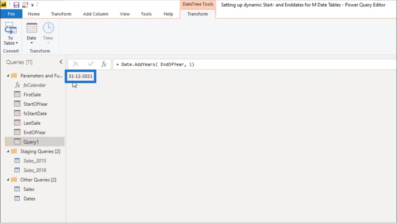 Configuration d'une date de début et d'une date de fin dynamiques pour les tables de dates Power Query