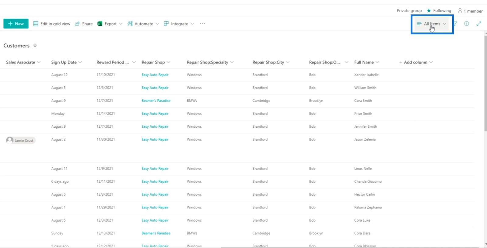 La vue du calendrier de la liste SharePoint