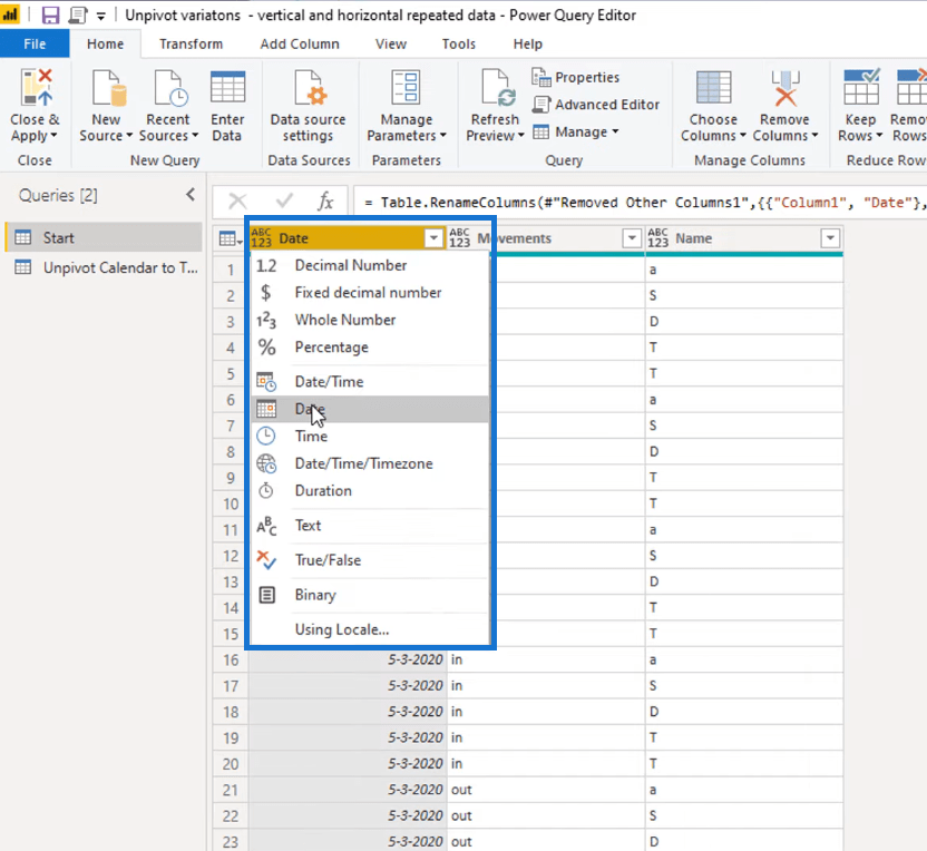 Transformer la disposition du type de calendrier en format tabulaire dans LuckyTemplates à l'aide de l'éditeur de requête