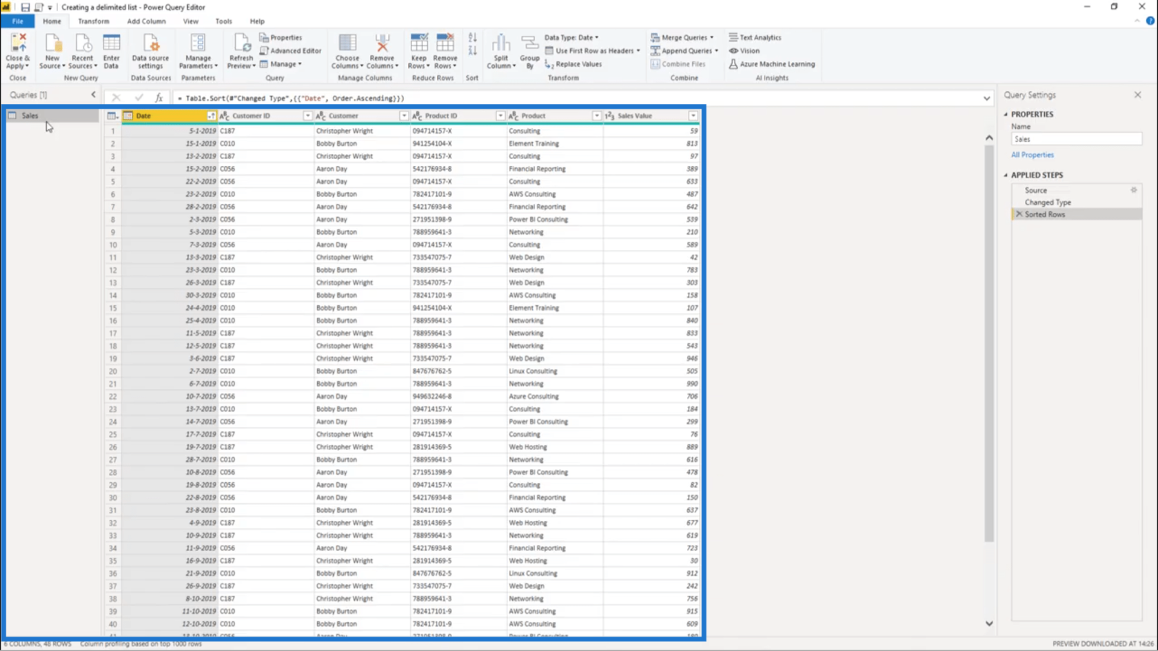 Créer une liste délimitée dans Power Query - Tutoriel de l'éditeur de requête