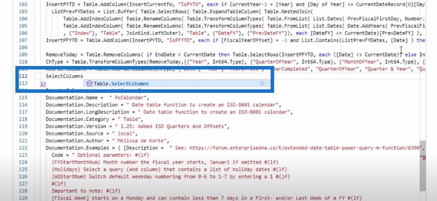 Table de dates étendue Fonction Power Query M