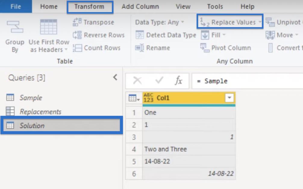 Ersetzen Sie den Wert für passenden Text in Power Query