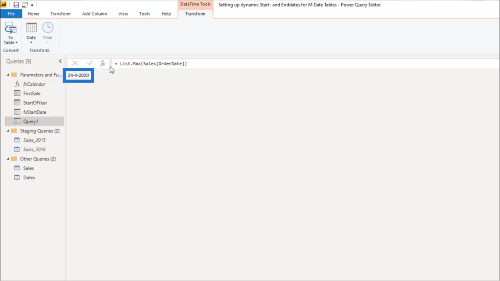 Configuration d'une date de début et d'une date de fin dynamiques pour les tables de dates Power Query