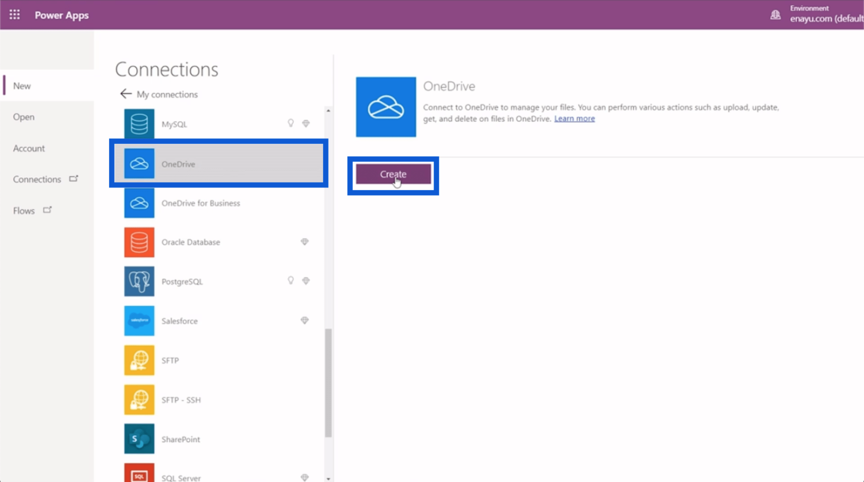 Configuración del entorno de Power Apps: Conéctese a OneDrive y Google Drive