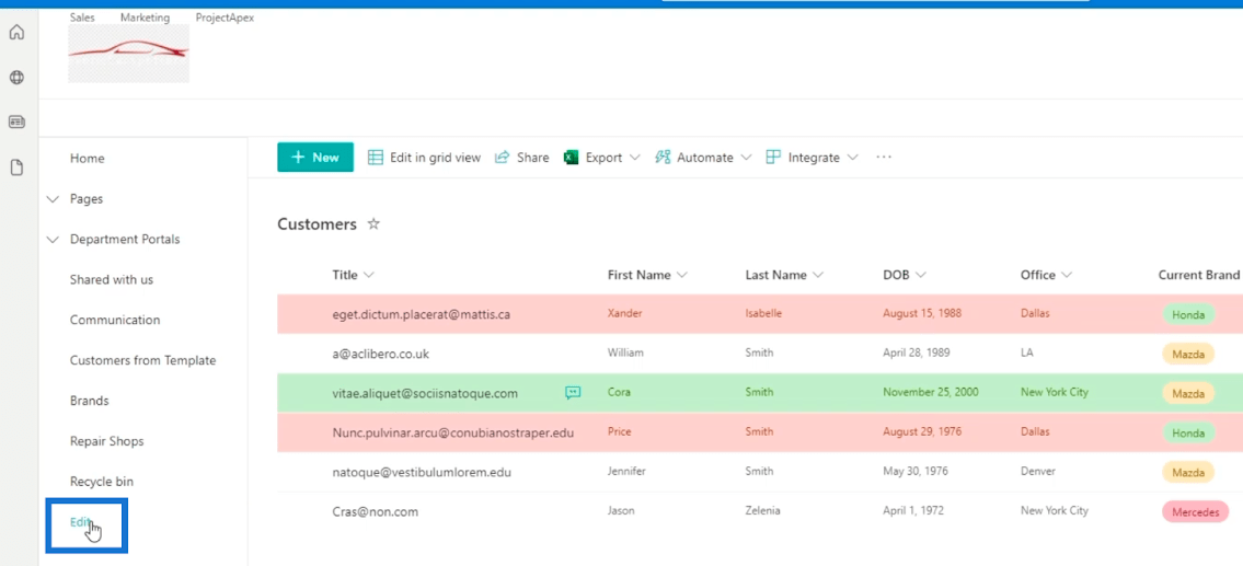 Ajout de la navigation de liste SharePoint