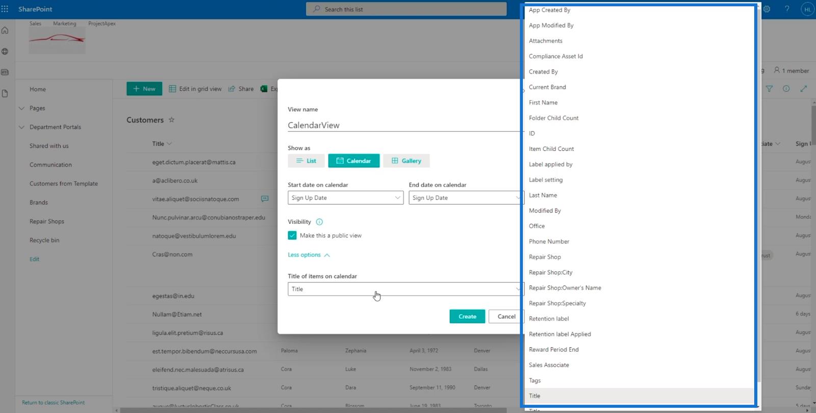 La vue du calendrier de la liste SharePoint