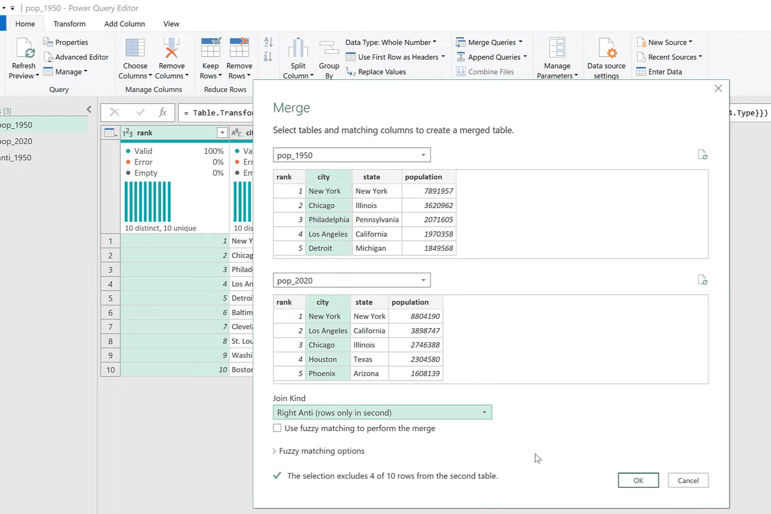 Mesclar consultas usando anti-junção no Excel com Power Query