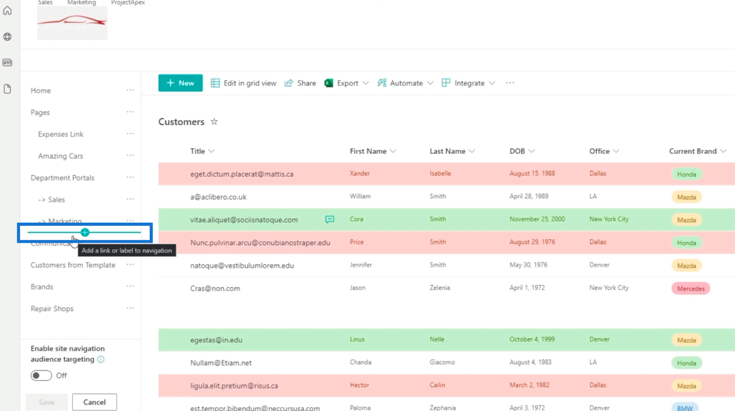 Ajout de la navigation de liste SharePoint