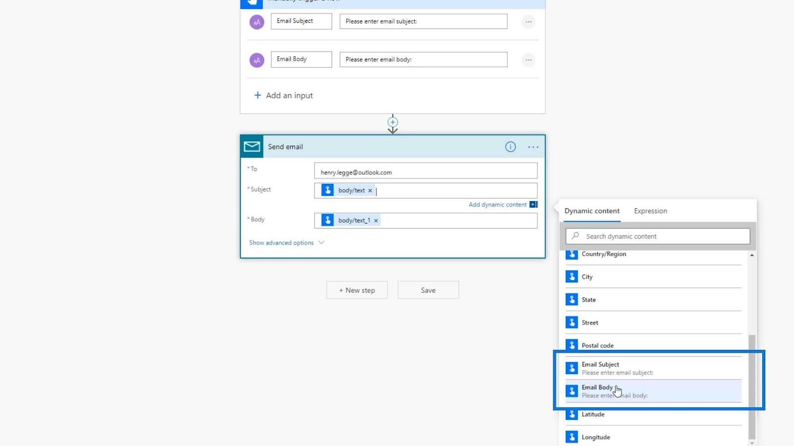 Présentation du contenu dynamique de Power Automate