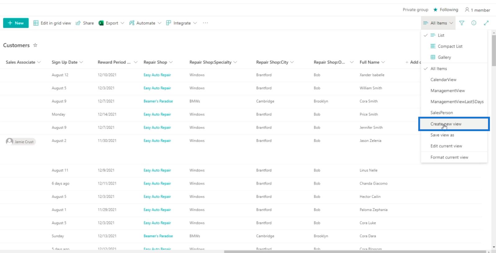 La vue du calendrier de la liste SharePoint