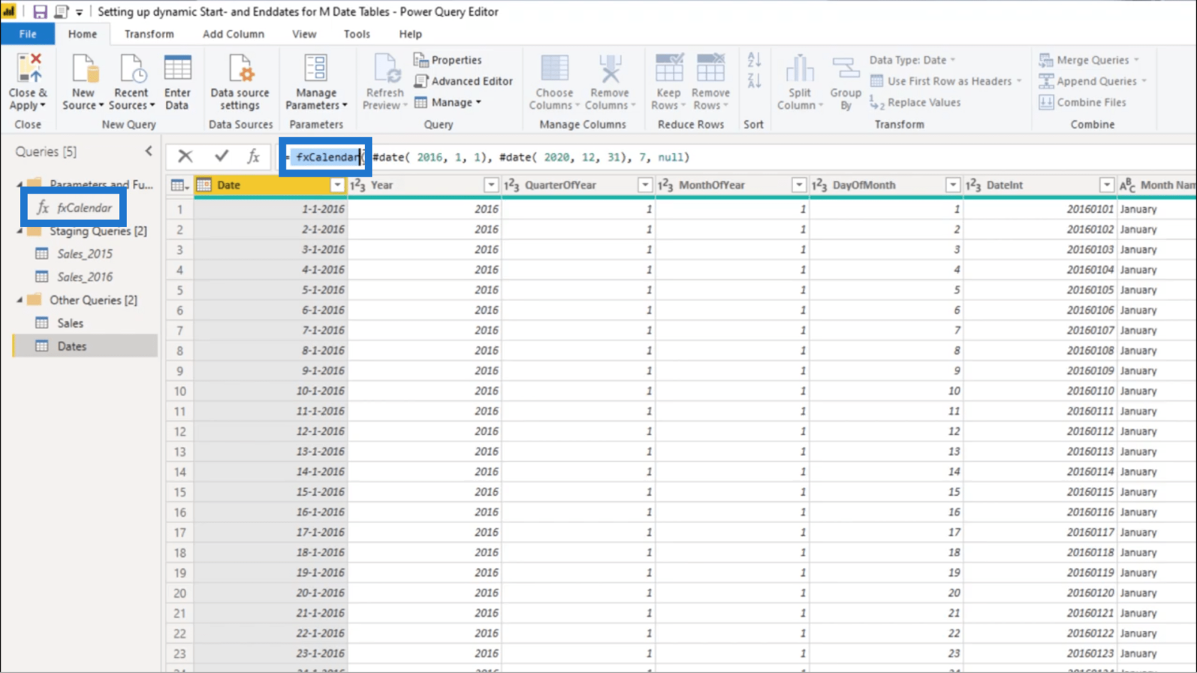 Configuration d'une date de début et d'une date de fin dynamiques pour les tables de dates Power Query