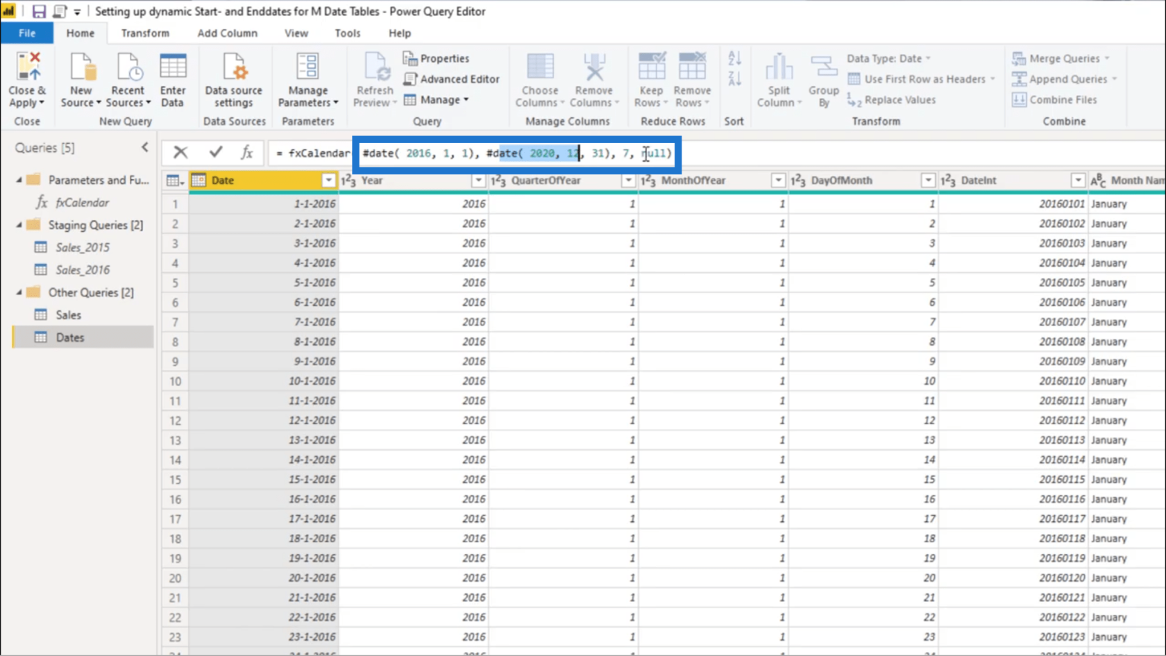 Configuration d'une date de début et d'une date de fin dynamiques pour les tables de dates Power Query