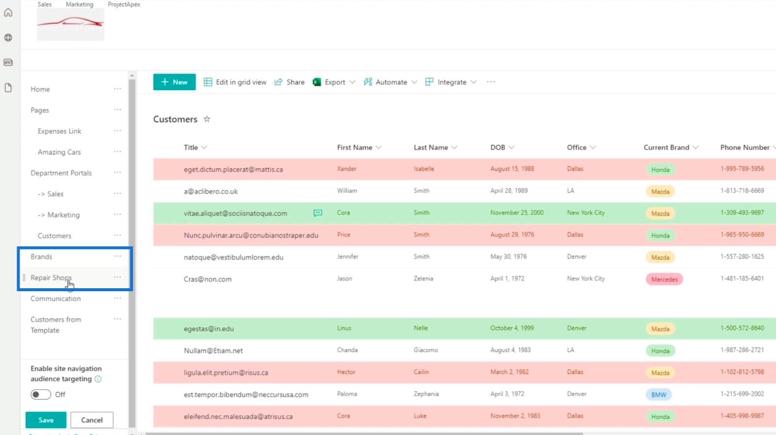 Ajout de la navigation de liste SharePoint