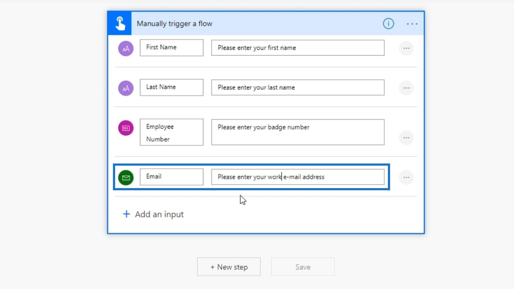 مدخلات سير العمل في Microsoft Power Automate