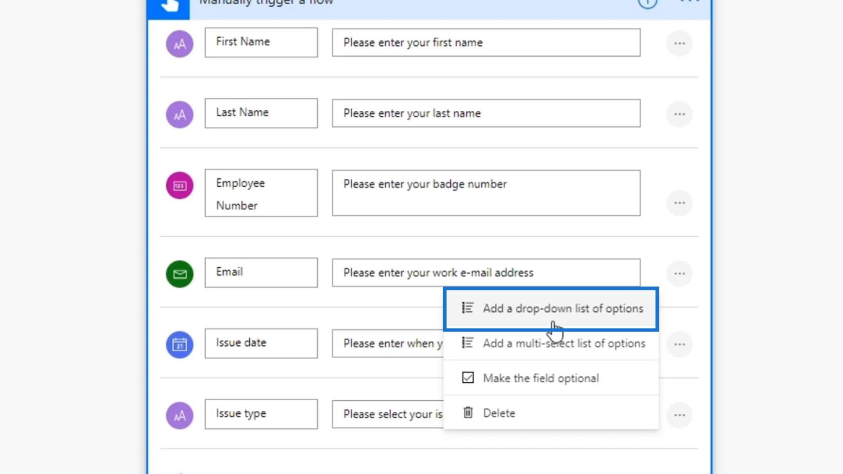 مدخلات سير العمل في Microsoft Power Automate