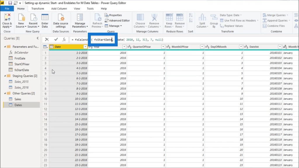 Configuration d'une date de début et d'une date de fin dynamiques pour les tables de dates Power Query