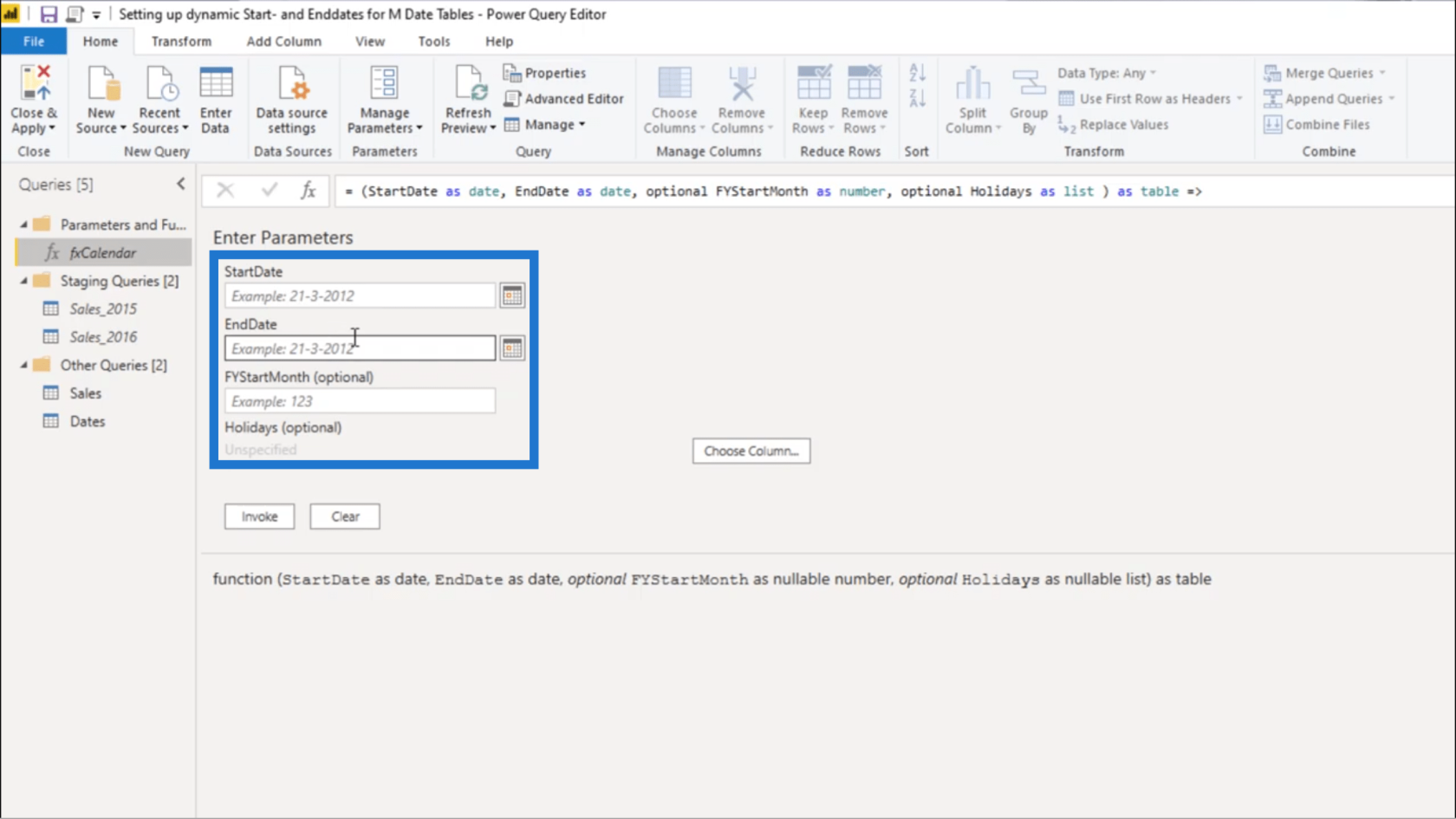 Configuration d'une date de début et d'une date de fin dynamiques pour les tables de dates Power Query