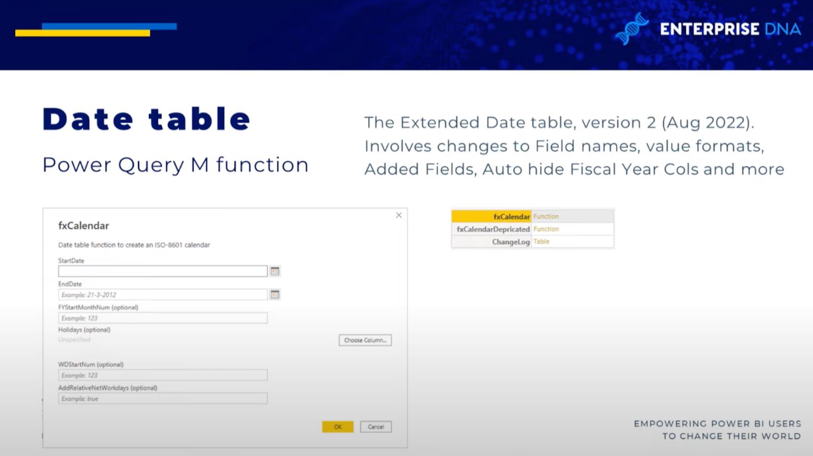 Présentation de la table de dates étendue Power Query V2