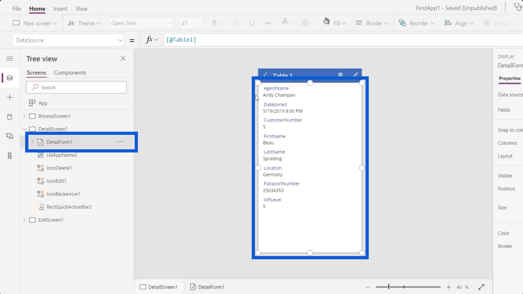 Formulaires Power Apps et cartes de données dans l'écran de détail