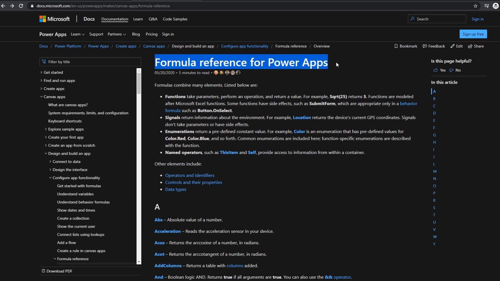 PowerApps 函數和公式 |  一個介紹