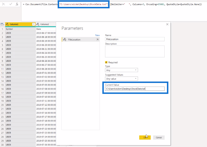 Modification de l'emplacement du fichier à l'aide d'un paramètre de requête dans LuckyTemplates