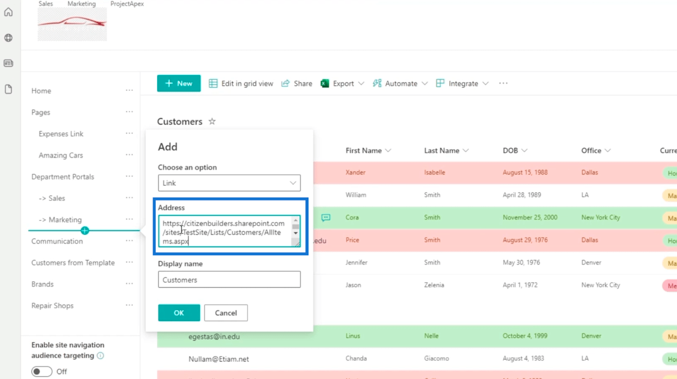 Ajout de la navigation de liste SharePoint