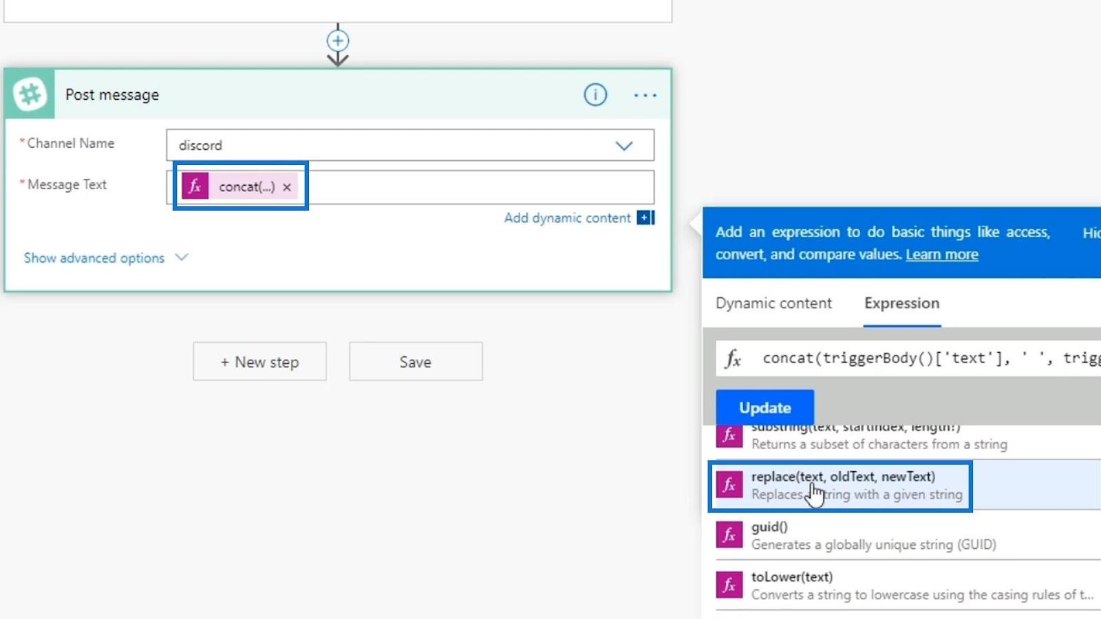 Fonctions de chaîne de flux Microsoft : concaténer et remplacer