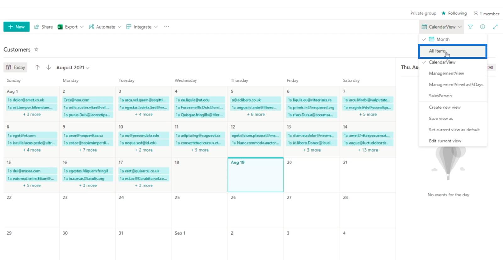 La vue du calendrier de la liste SharePoint