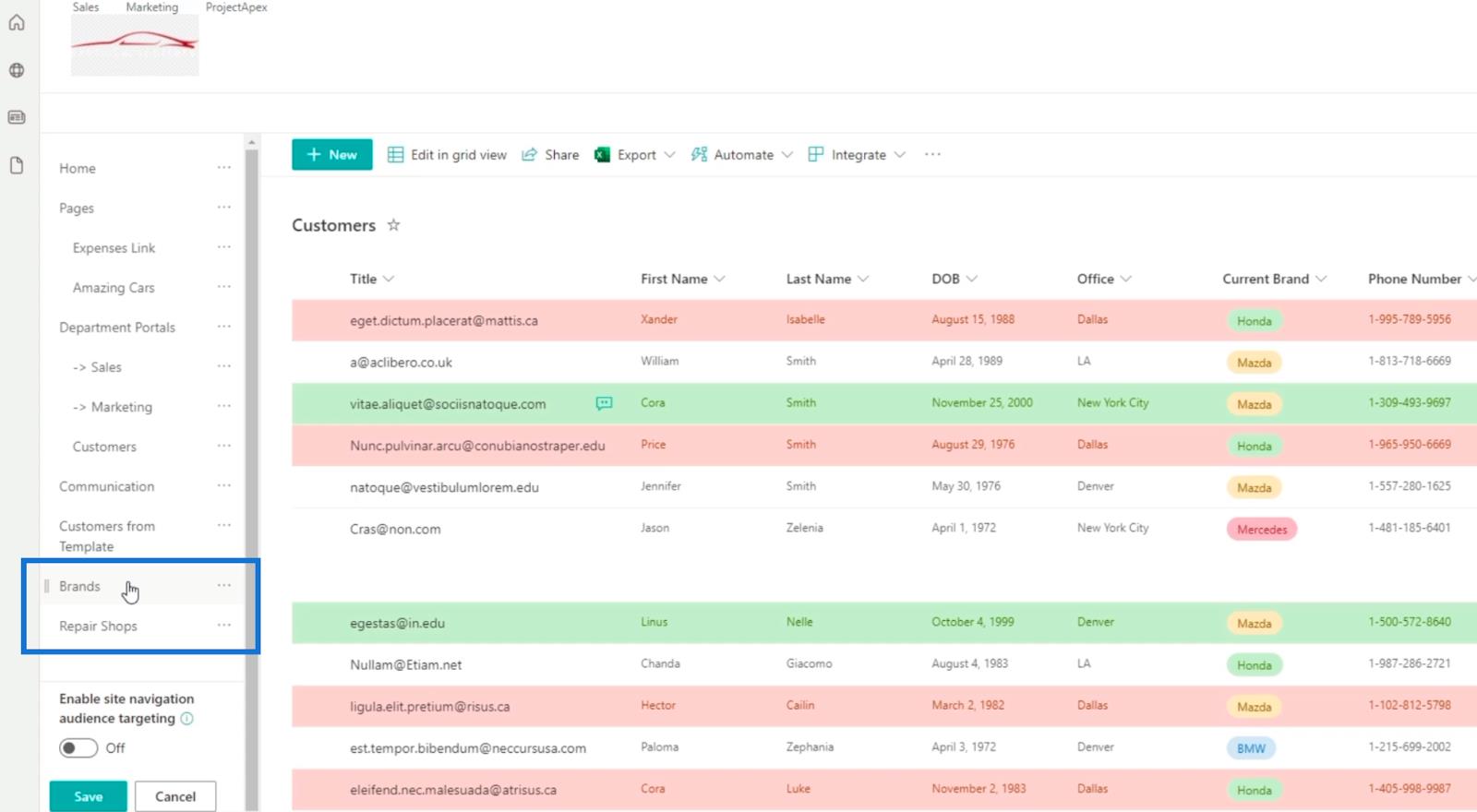 Ajout de la navigation de liste SharePoint