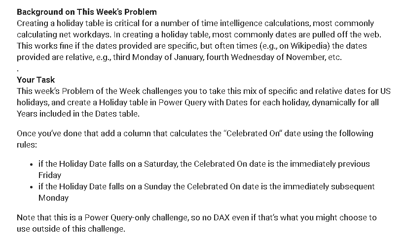 Calendrier perpétuel des vacances – POTW #12 (Solution Power Query)