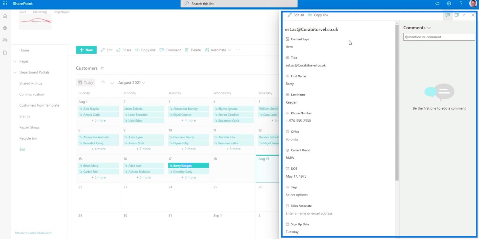 La vue du calendrier de la liste SharePoint