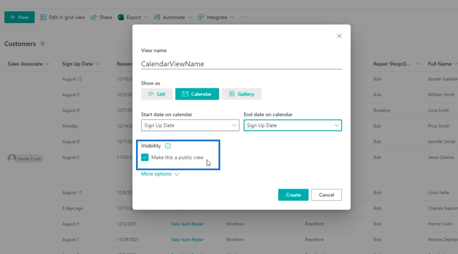 La vue du calendrier de la liste SharePoint