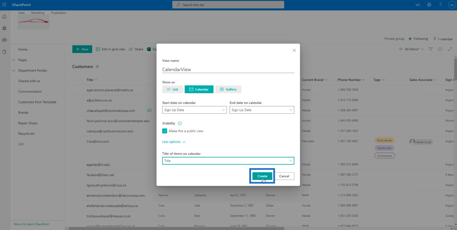 La vue du calendrier de la liste SharePoint