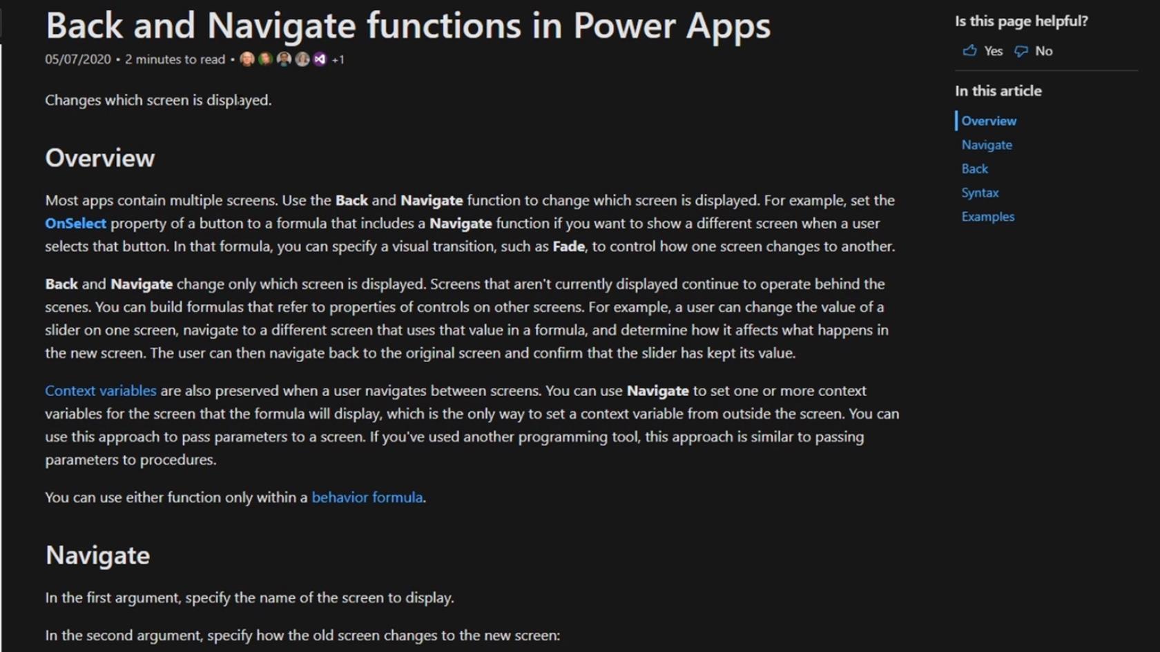 Prezentare generală a contextului de navigare PowerApps