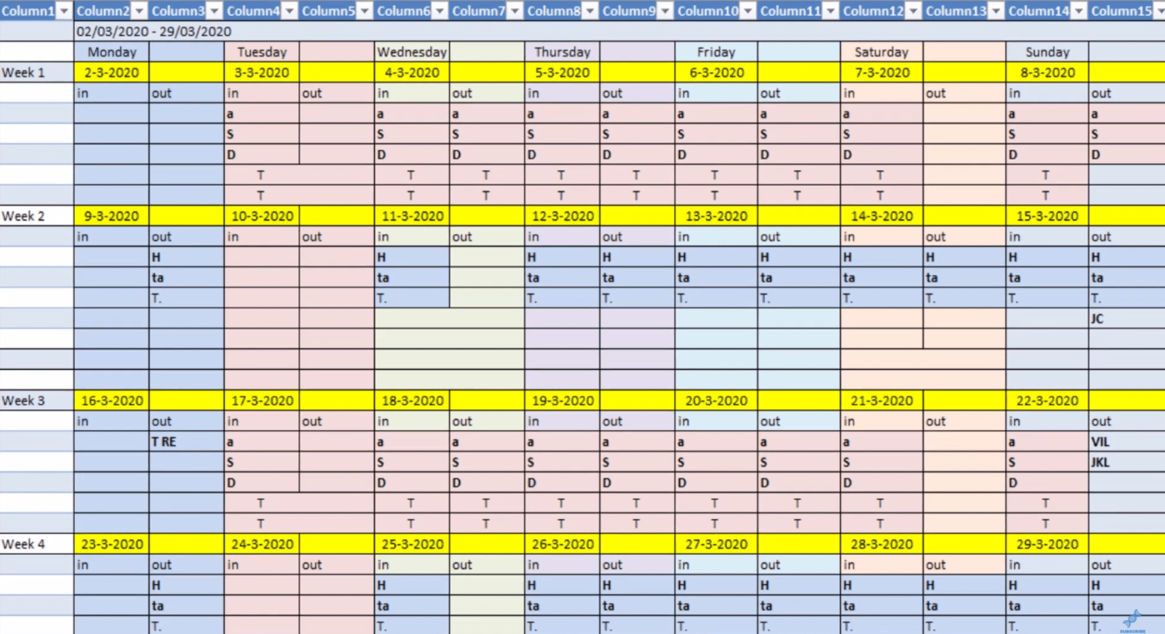 Mises en page du calendrier au format tabulaire à l'aide de Power Query