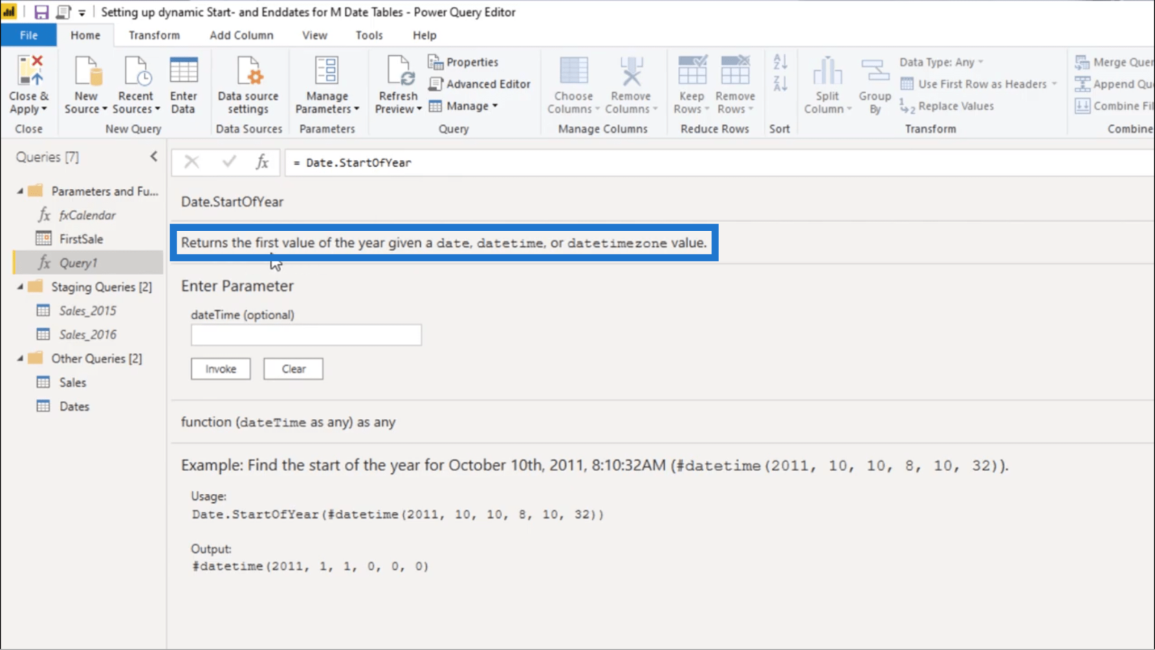 Configuration d'une date de début et d'une date de fin dynamiques pour les tables de dates Power Query