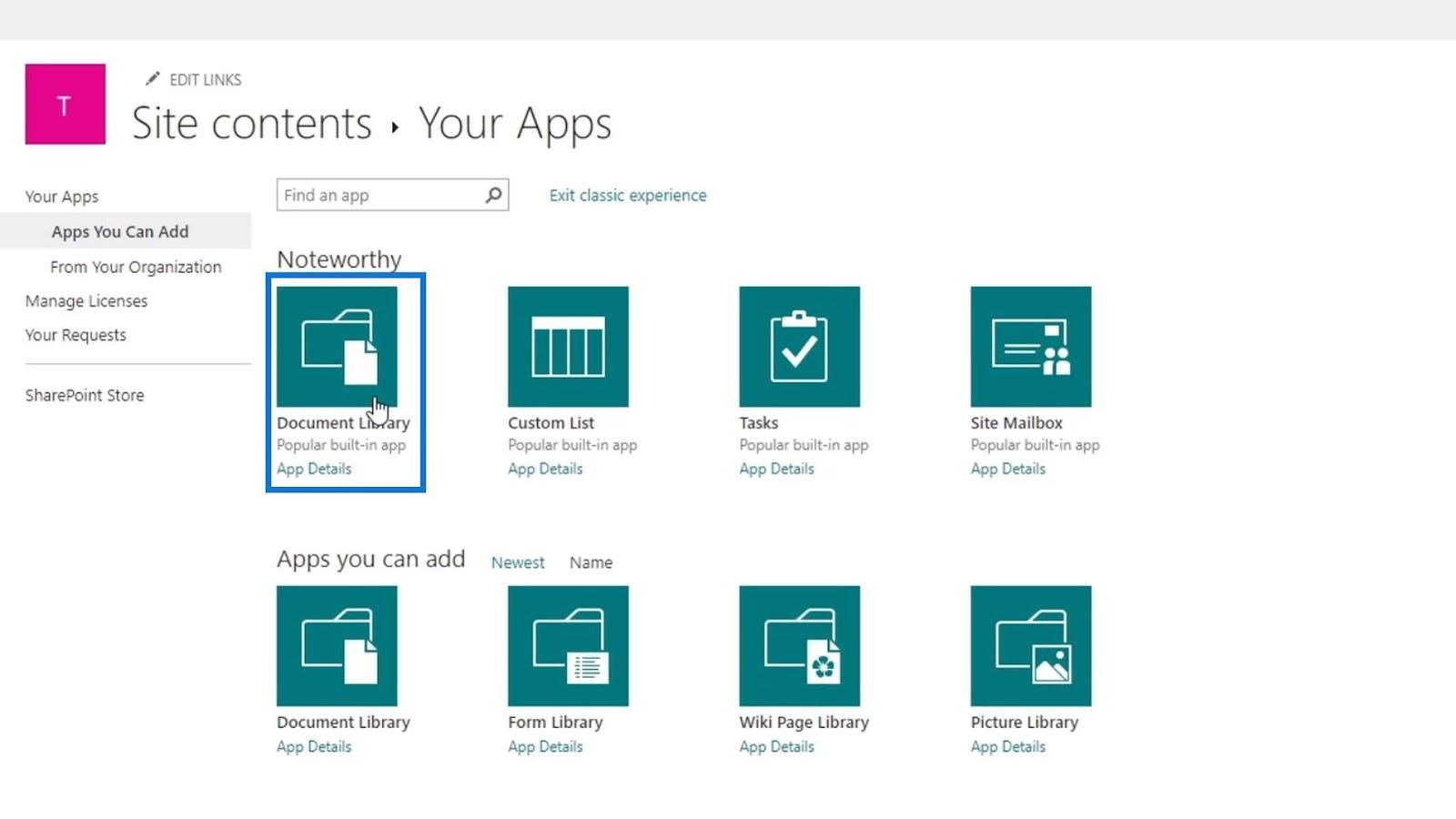 Ajout d'une bibliothèque de documents dans SharePoint