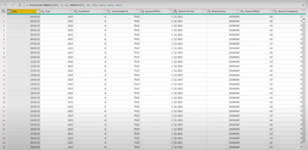 Table de dates étendue Fonction Power Query M