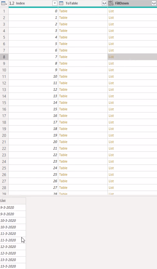 Mises en page du calendrier au format tabulaire à l'aide de Power Query