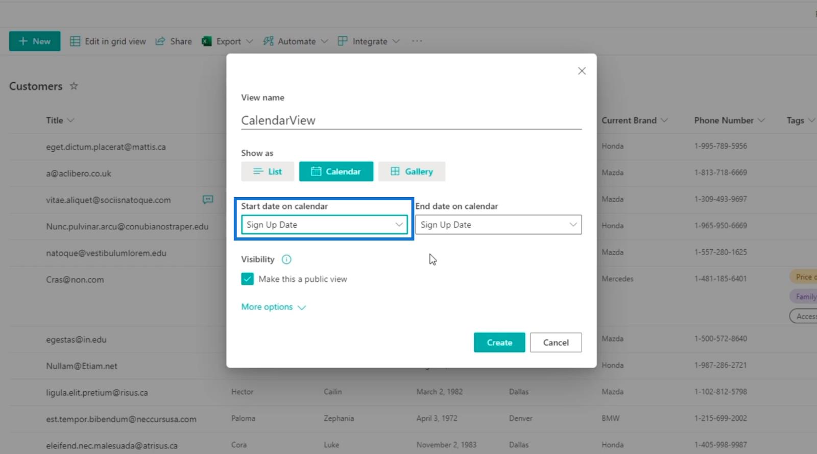 La vue du calendrier de la liste SharePoint