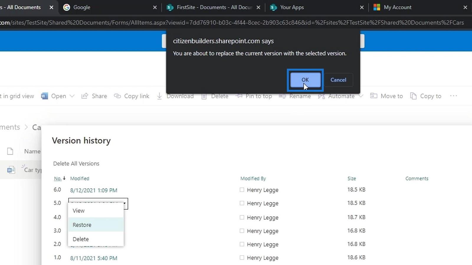 SharePoint 文檔庫中的版本控制