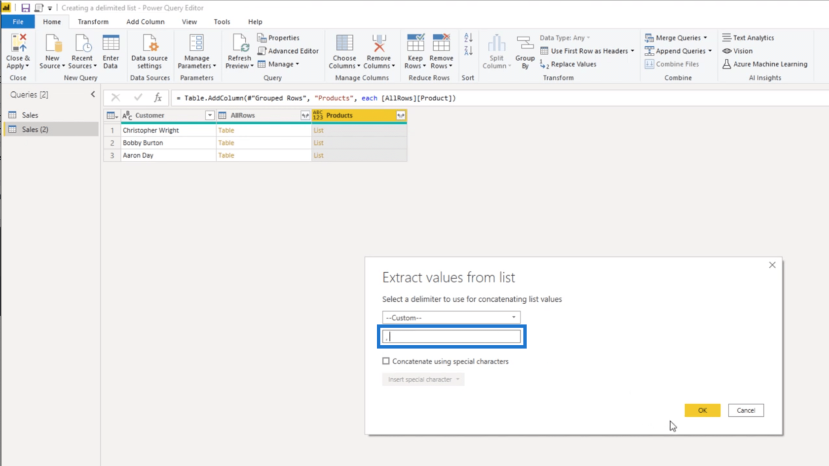Créer une liste délimitée dans Power Query - Tutoriel de l'éditeur de requête