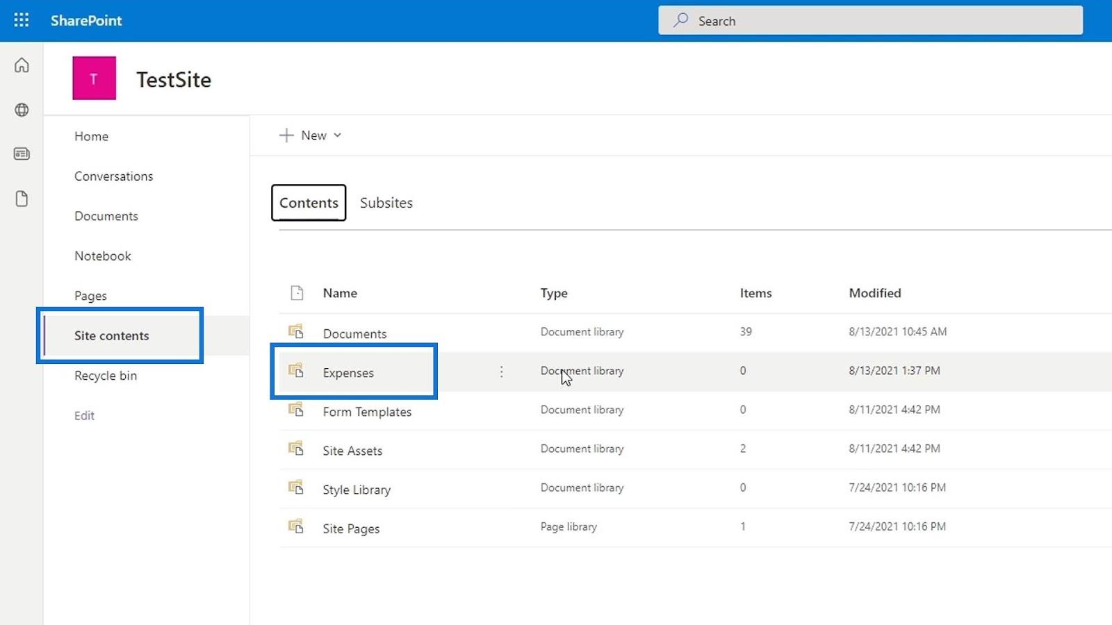 Ajout d'une bibliothèque de documents dans SharePoint