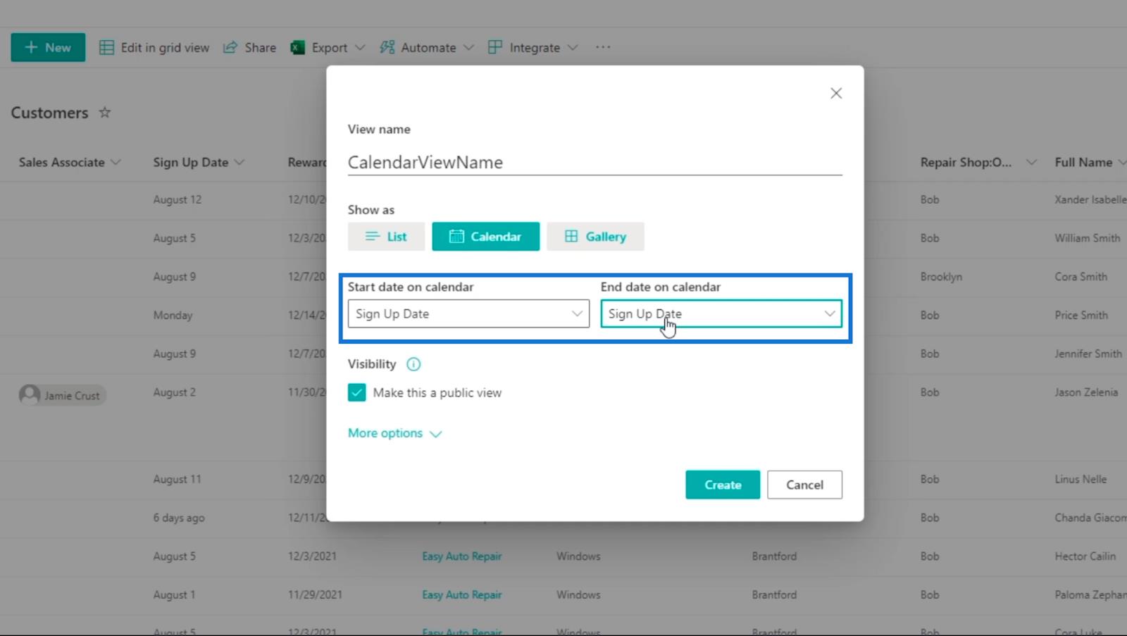 La vue du calendrier de la liste SharePoint